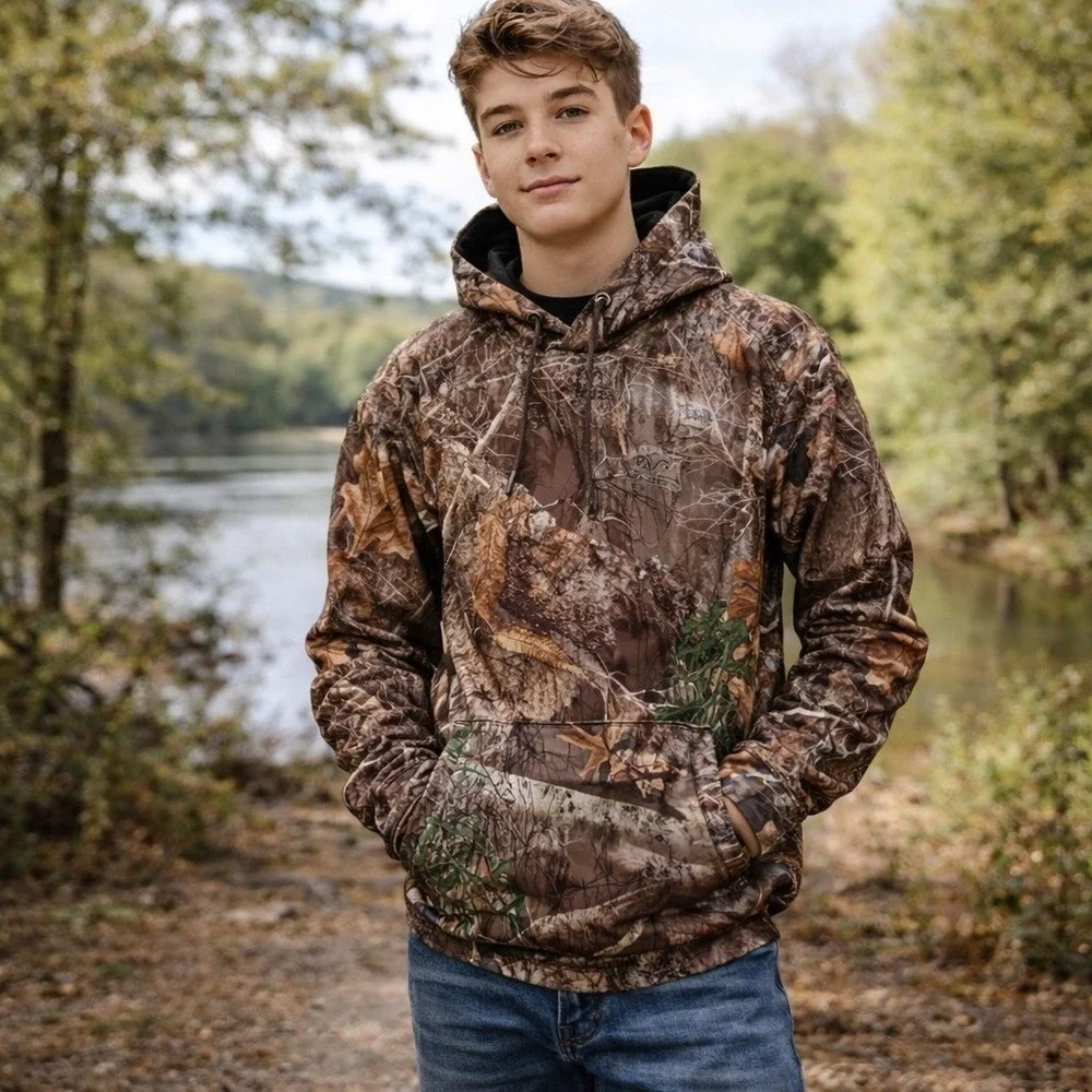 Realtree Edge Camo Hoodie Kids XXL 18 Built-in Neck Gaiter Fleece Pullover Brown